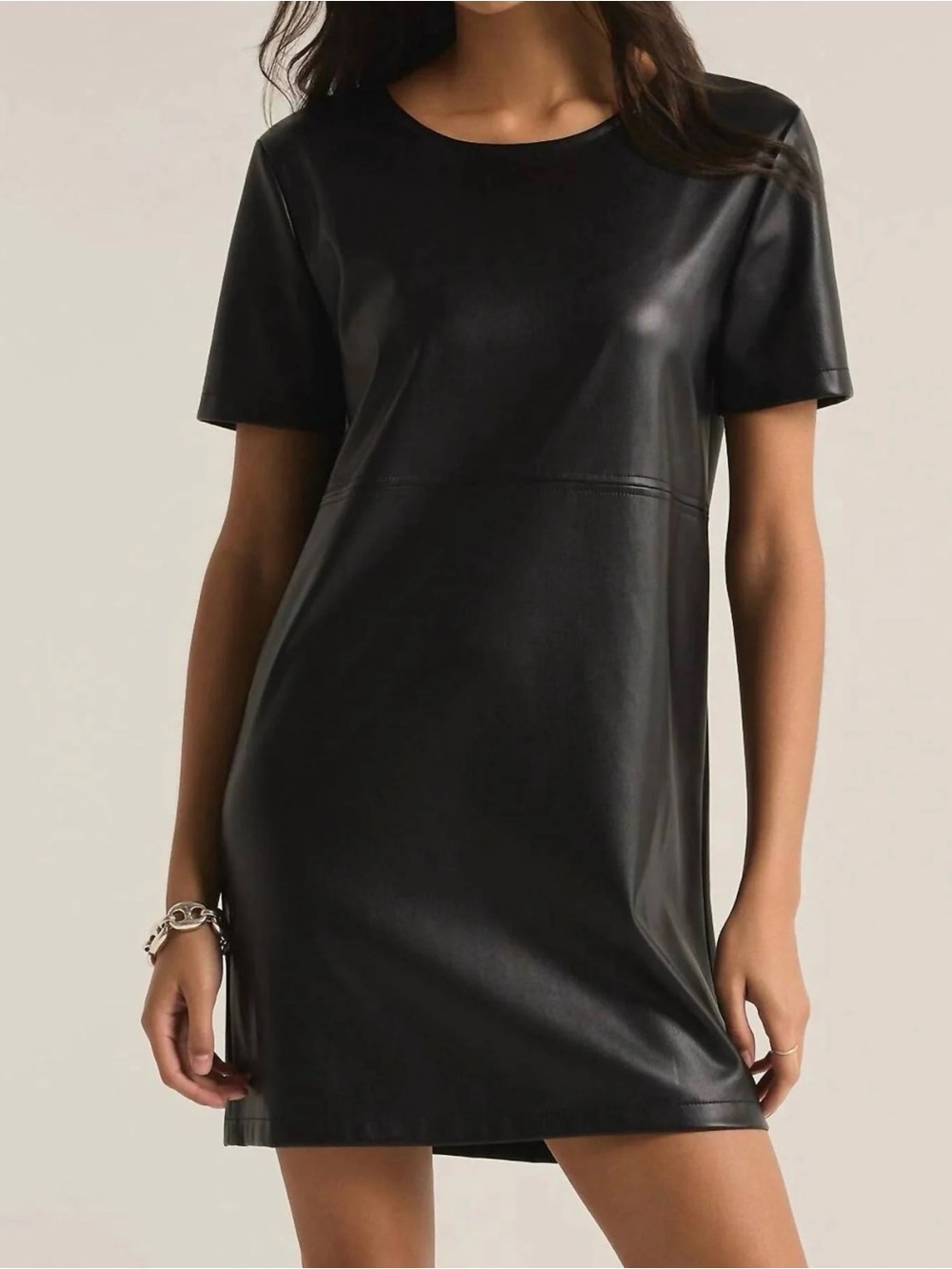 Z Supply Black Faux Leather Short Sleeve Shift Dress